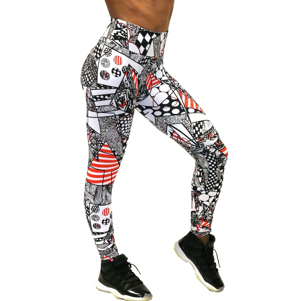 High-Waist Geometric Print Leggings in White, Black & Red
